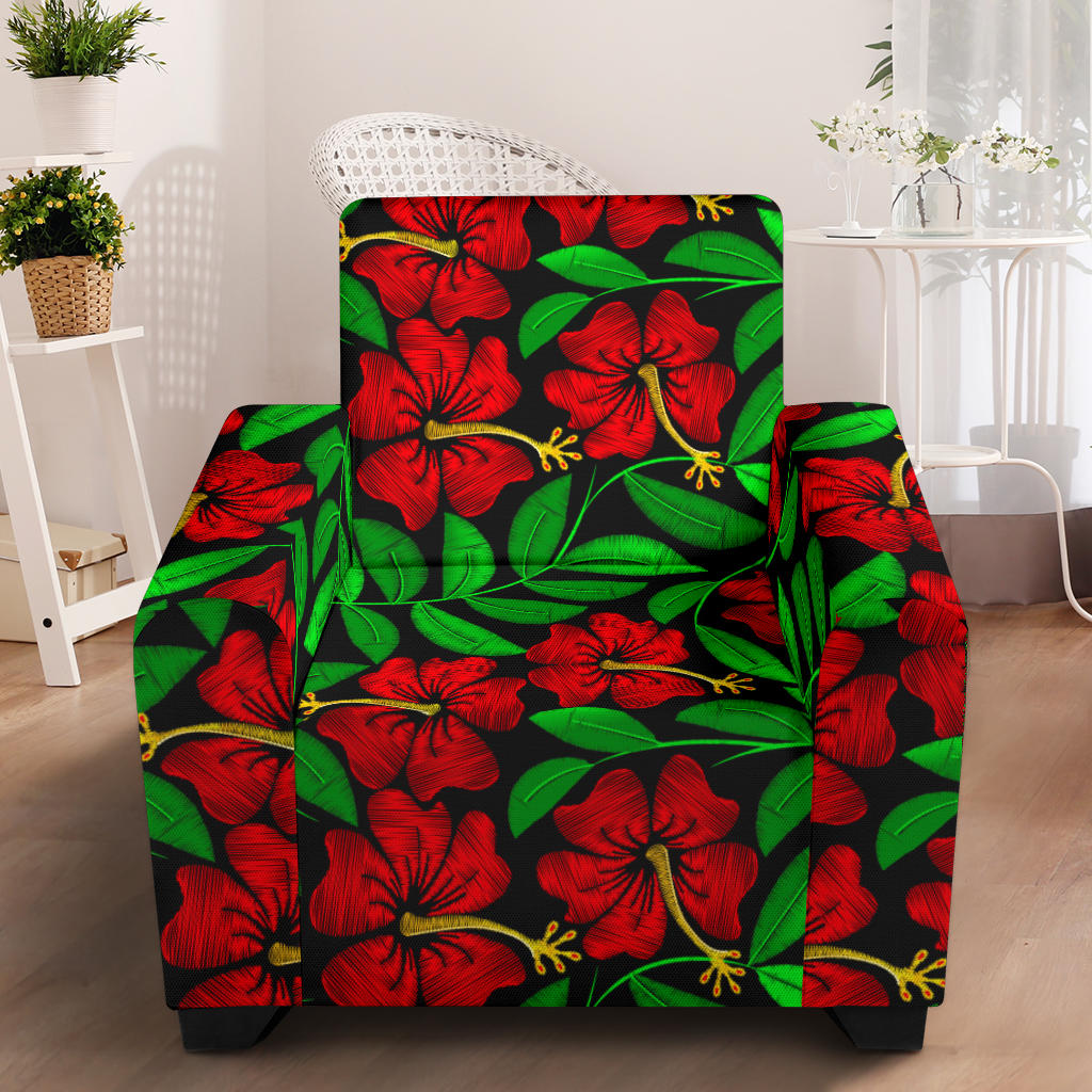 Red Hibiscus Embroidered Pattern Print Design HB032 Armchair Slipcover