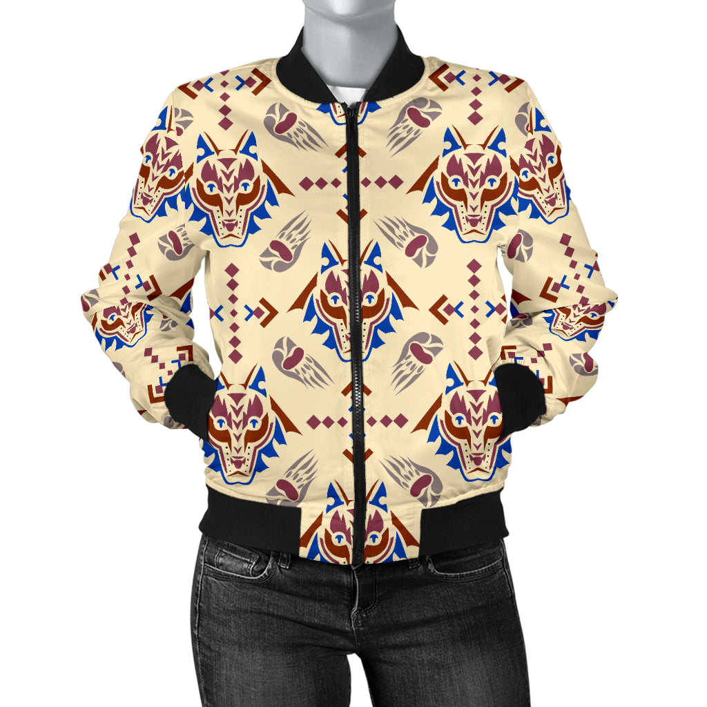 Aztec Wolf Pattern Print Design 03 Women's Bomber Jacket