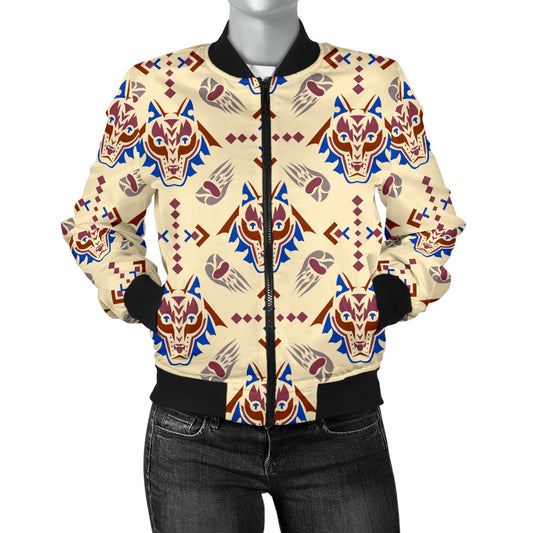 Aztec Wolf Pattern Print Design 03 Women's Bomber Jacket
