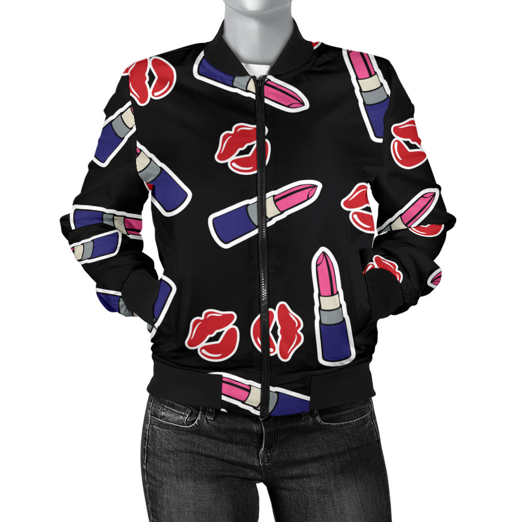 Lipstick Pattern Print Design LT01 Women Bomber Jacket