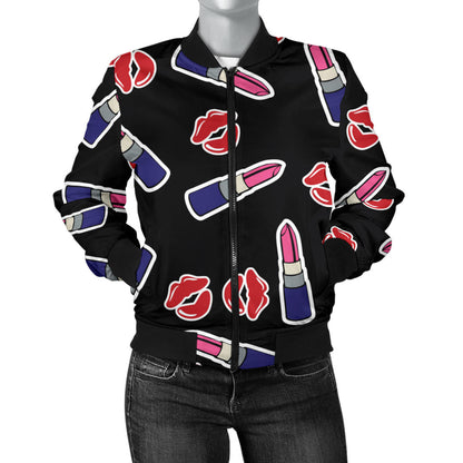 Lipstick Pattern Print Design LT01 Women Bomber Jacket
