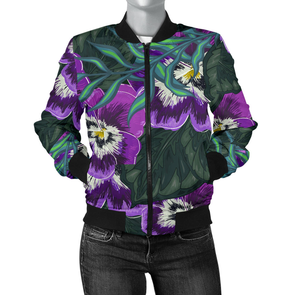 Pansy Pattern Print Design PS07 Women Bomber Jacket