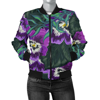 Pansy Pattern Print Design PS07 Women Bomber Jacket
