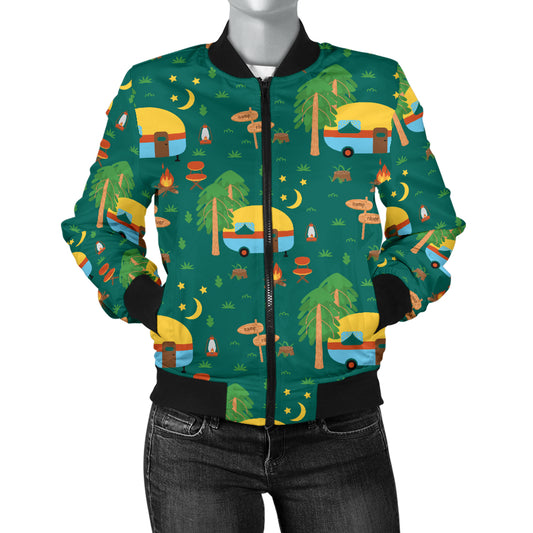 Camping Camper Pattern Print Design 06 Women's Bomber Jacket