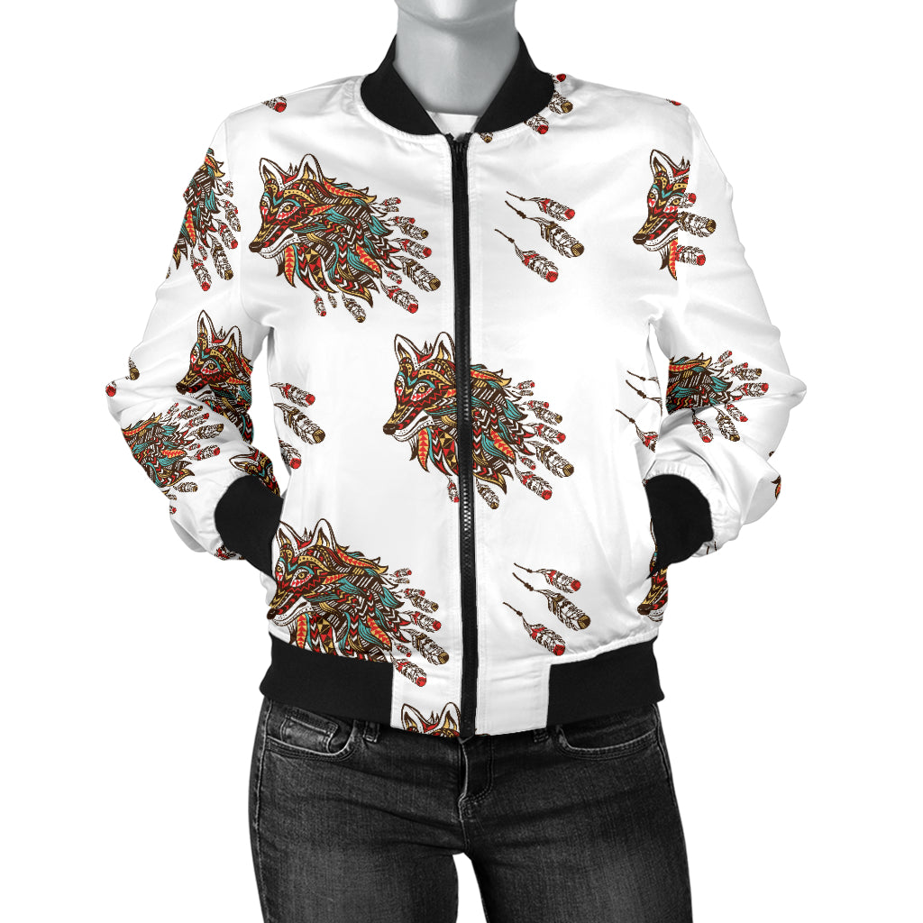 Aztec Wolf Pattern Print Design 02 Women's Bomber Jacket