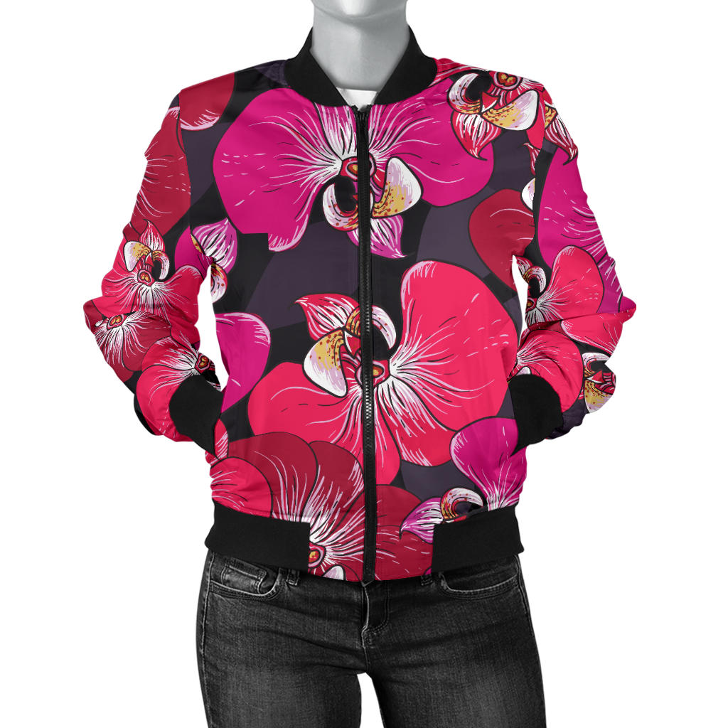 Orchid Red Pattern Print Design OR05 Women Bomber Jacket