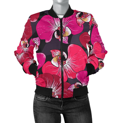 Orchid Red Pattern Print Design OR05 Women Bomber Jacket