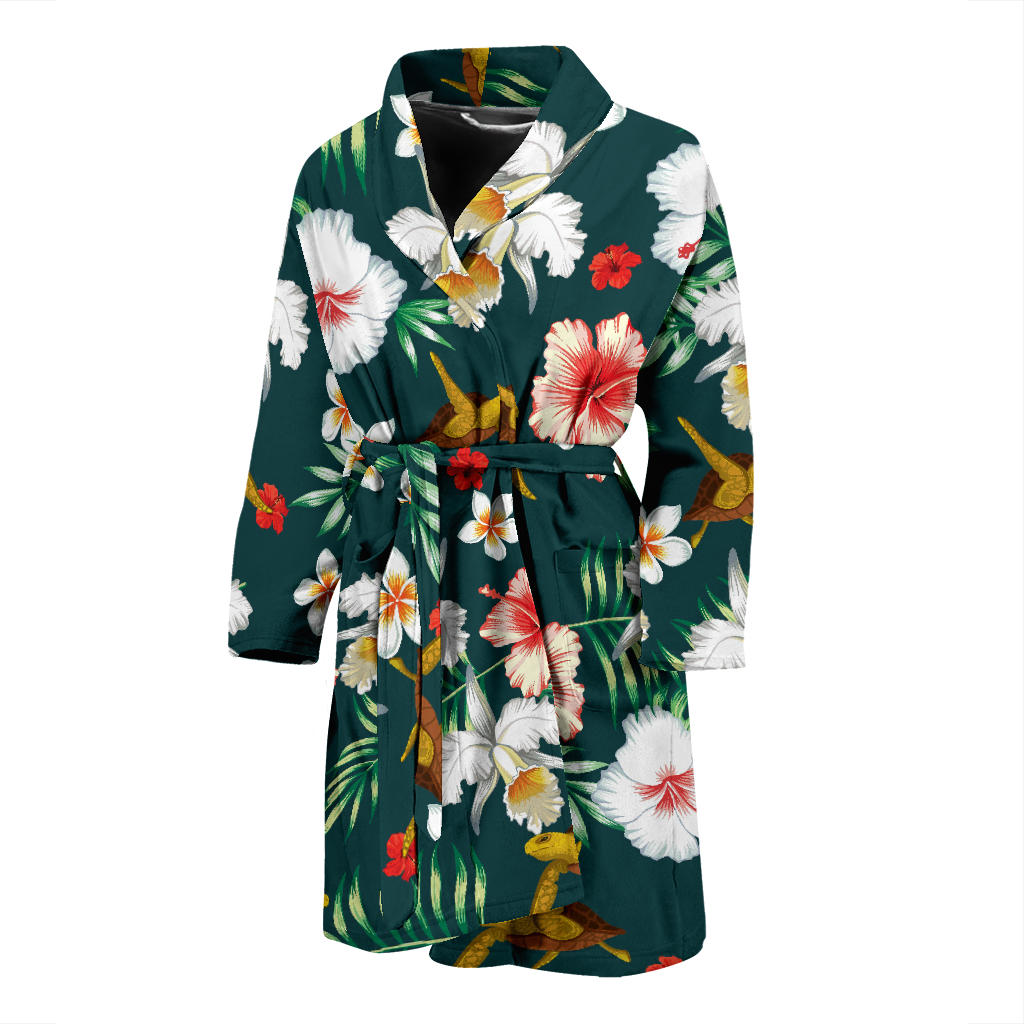 Hawaiian Flower Design With SeaTurtle Print Men Bathrobe
