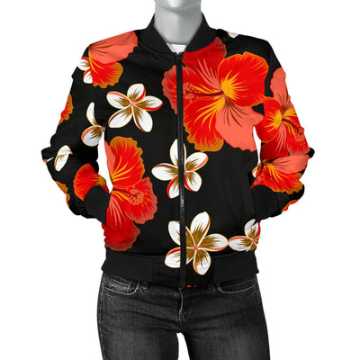 Red Hibiscus Pattern Print Design HB022 Women Bomber Jacket