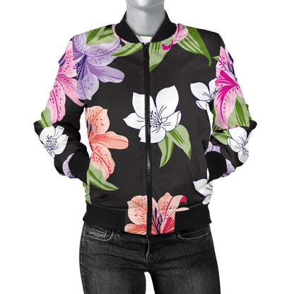 Lily Pattern Print Design LY02 Women Bomber Jacket