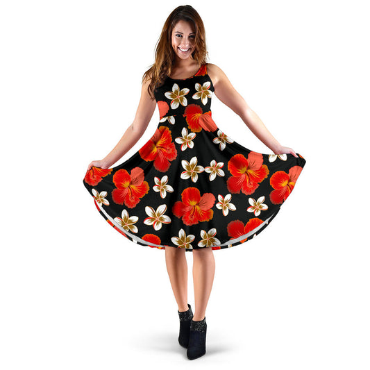 Red Hibiscus Pattern Print Design HB022 Midi Dress