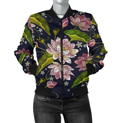 lotus Embroidered Pattern Print Design LO06 Women Bomber Jacket