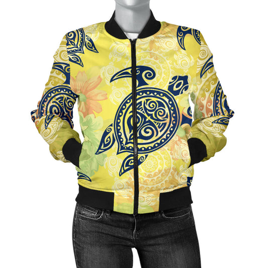 Hawaiian Turtle Tribal Design Print Women Bomber Jacket