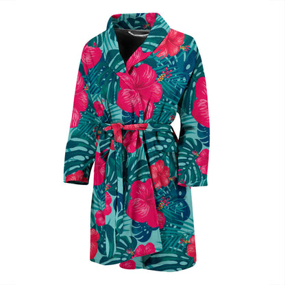Red Hibiscus Pattern Print Design HB017 Men Bathrobe