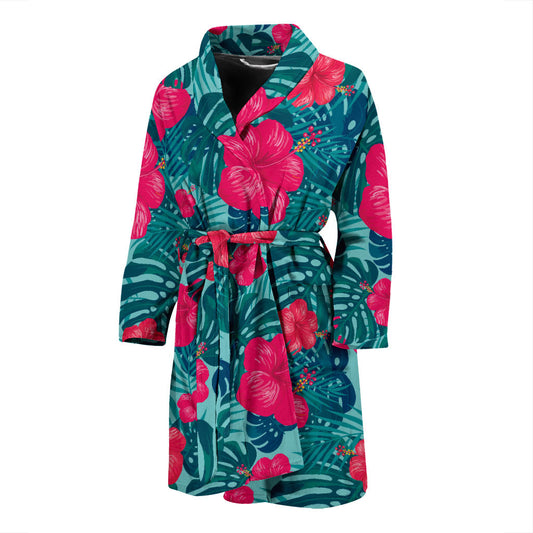 Red Hibiscus Pattern Print Design HB017 Men Bathrobe