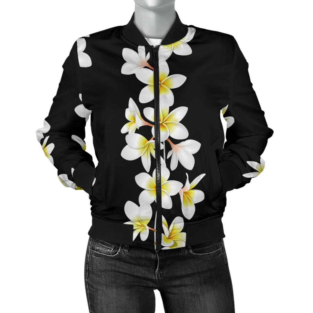 White Plumeria Pattern Print Design PM08 Women Bomber Jacket