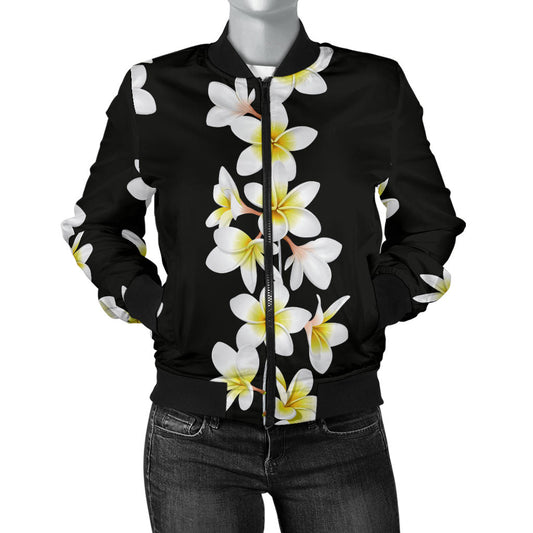 White Plumeria Pattern Print Design PM08 Women Bomber Jacket