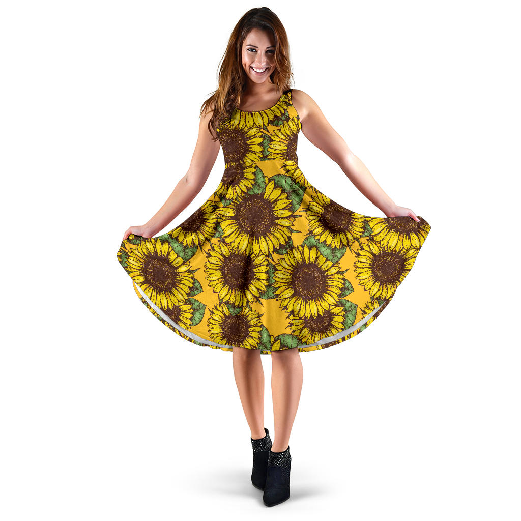 Sunflower Pattern Print Design SF04 Midi Dress