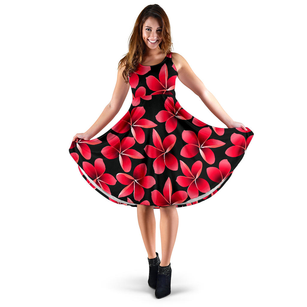 Red Plumeria Pattern Print Design PM025 Midi Dress