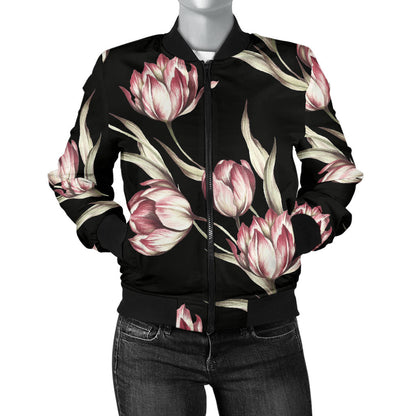 Tulip Pink Pattern Print Design TP02 Women Bomber Jacket