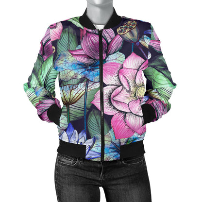 Water Lily Pattern Print Design WL07 Women Bomber Jacket