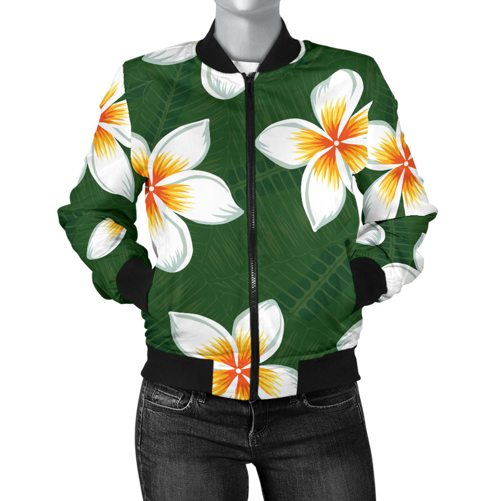 White Plumeria Pattern Print Design PM020 Women Bomber Jacket
