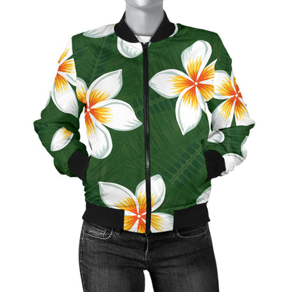 White Plumeria Pattern Print Design PM020 Women Bomber Jacket