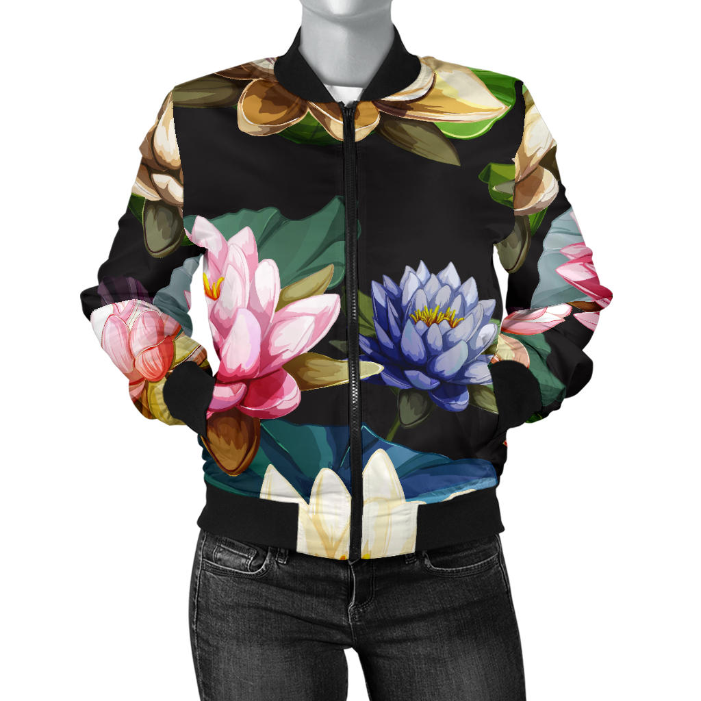 Water Lily Pattern Print Design WL02 Women Bomber Jacket