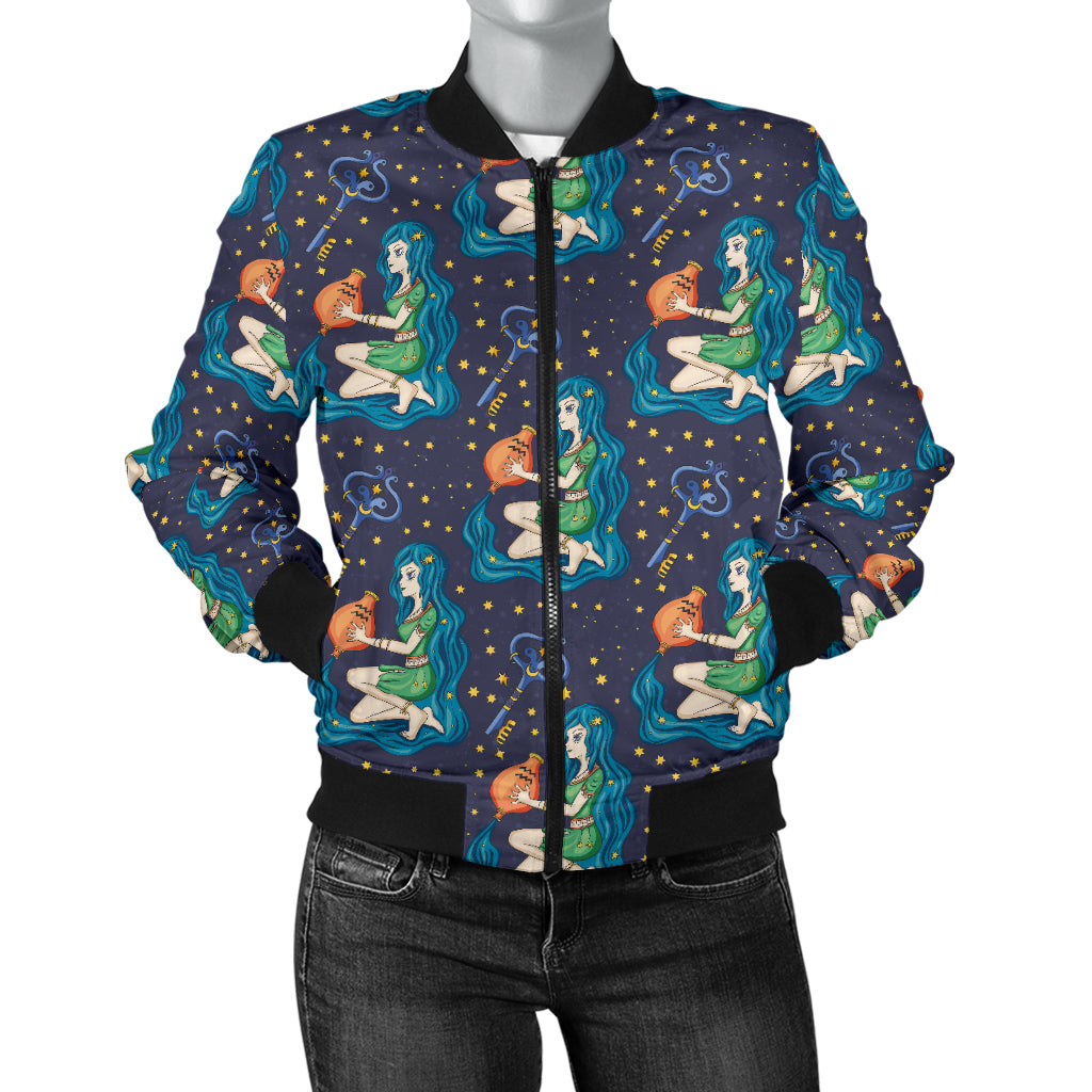Aquarius Zodiac Pattern Print Design 03 Women's Bomber Jacket