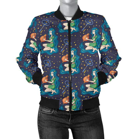 Aquarius Zodiac Pattern Print Design 03 Women's Bomber Jacket
