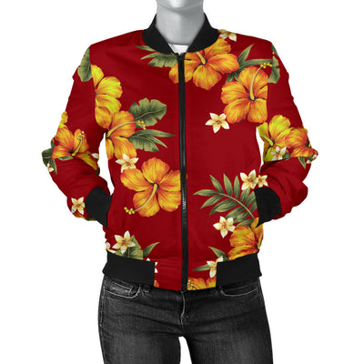 Orange Hibiscus Pattern Print Design HB026 Women Bomber Jacket