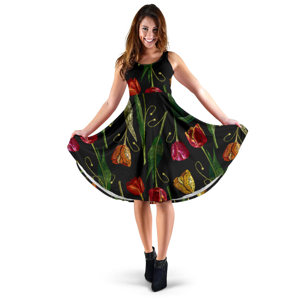 Tulip Embroidered Pattern Print Design TP01 Midi Dress