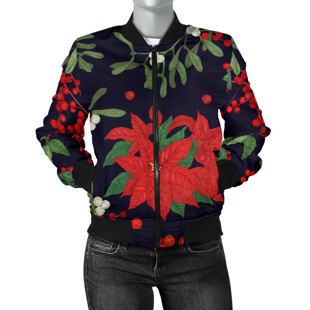 Poinsettia Pattern Print Design POT02 Women Bomber Jacket