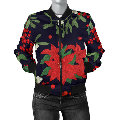 Poinsettia Pattern Print Design POT02 Women Bomber Jacket