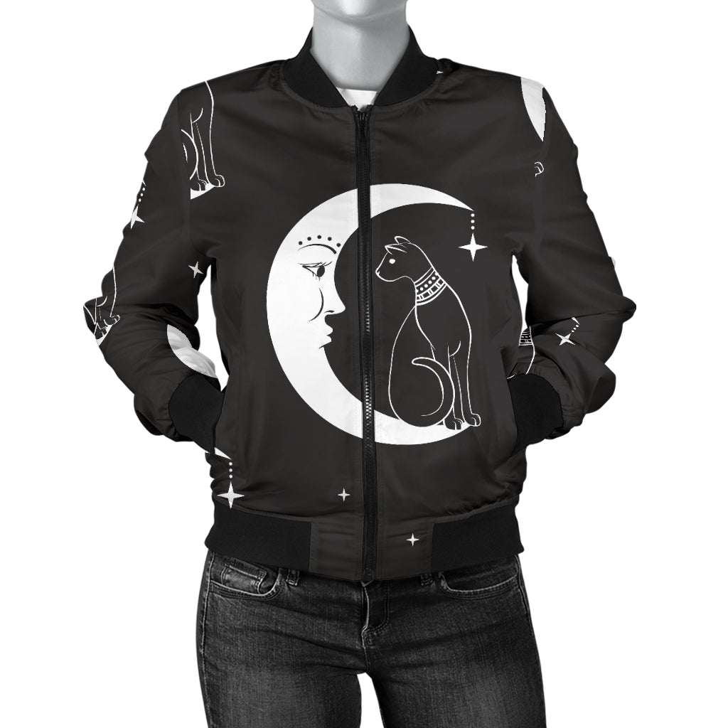 Moon with Cat Pattern Print Design 04 Women's Bomber Jacket