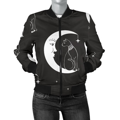 Moon with Cat Pattern Print Design 04 Women's Bomber Jacket