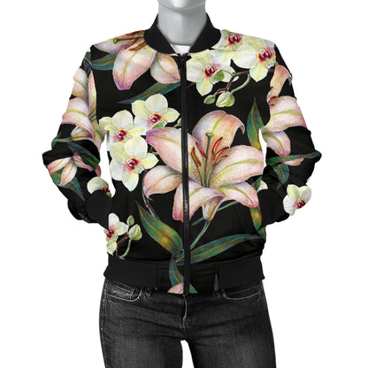 Lily Pattern Print Design LY03 Women Bomber Jacket