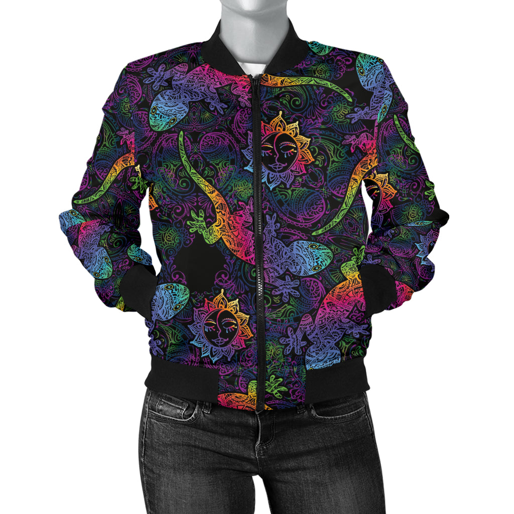 Gecko Rainbow Pattern Print Design 03 Women's Bomber Jacket