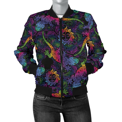 Gecko Rainbow Pattern Print Design 03 Women's Bomber Jacket