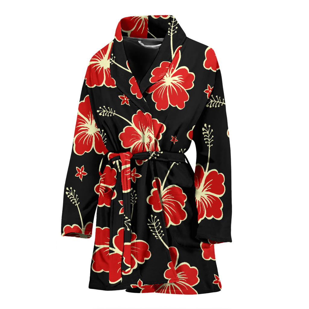 Red Hibiscus Pattern Print Design HB021 Women Bathrobe