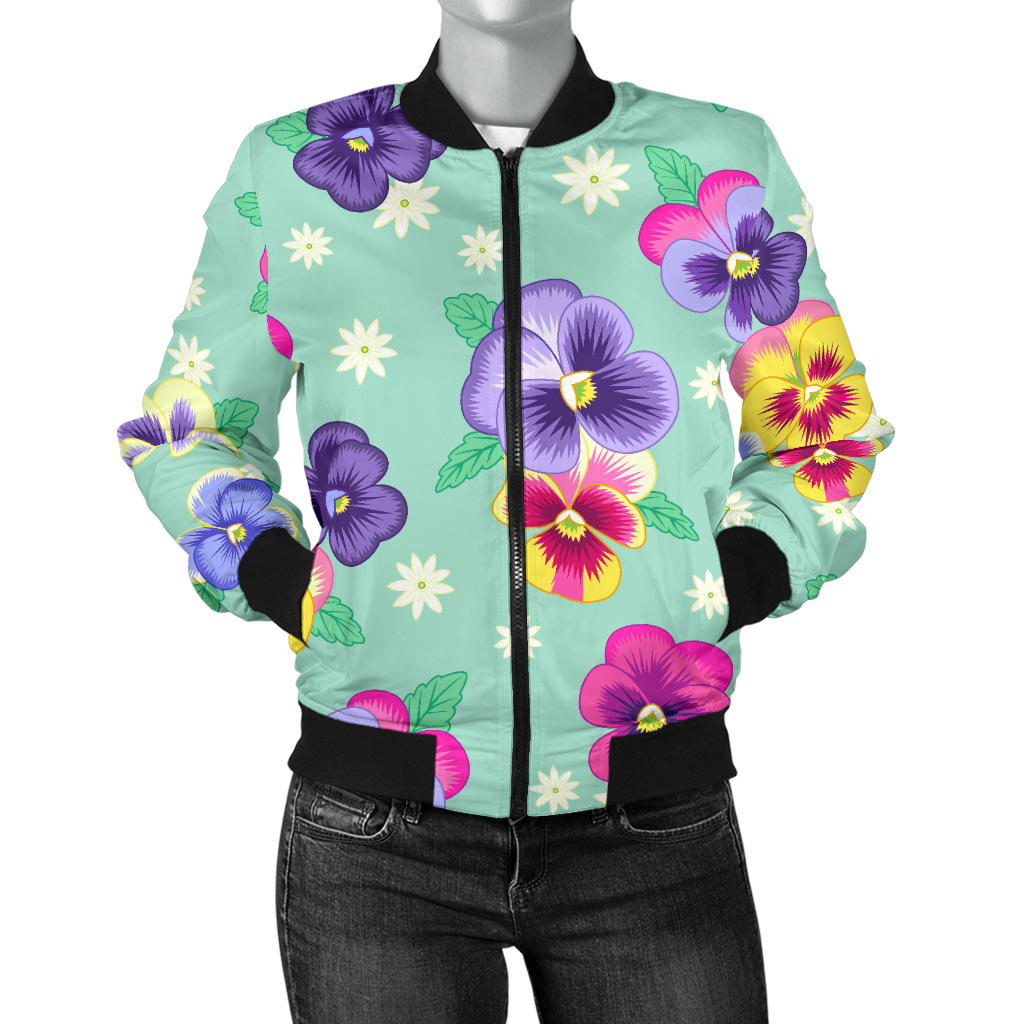 Pansy Pattern Print Design PS08 Women Bomber Jacket