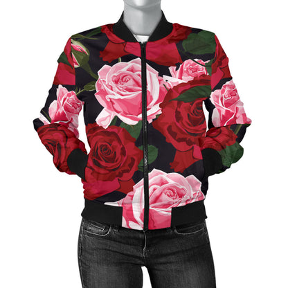 Rose Red Pink Pattern Print Design RO01 Women Bomber Jacket