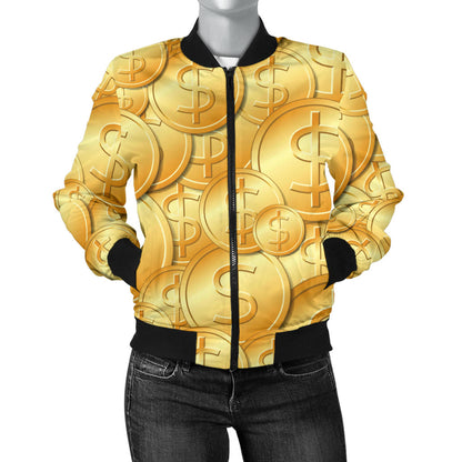 Dollar Pattern Print Design DO03 Women Bomber Jacket