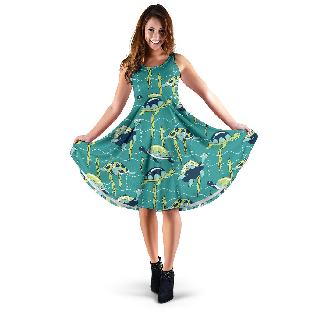 Sea Turtle Pattern Print Design T08 Midi Dress