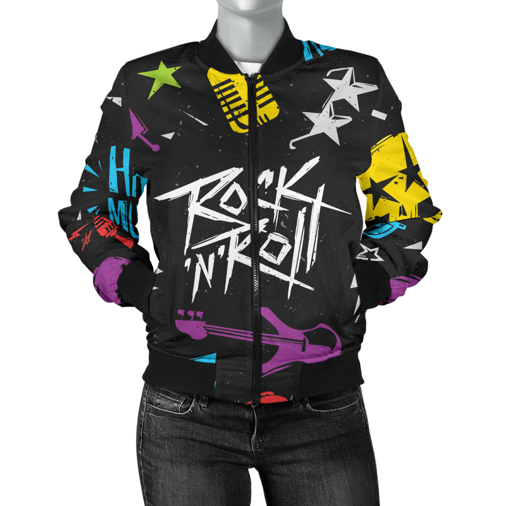 Rock and Roll Pattern Print Design A02 Women's Bomber Jacket
