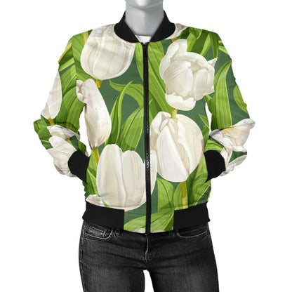 Tulip White Pattern Print Design TP05 Women Bomber Jacket