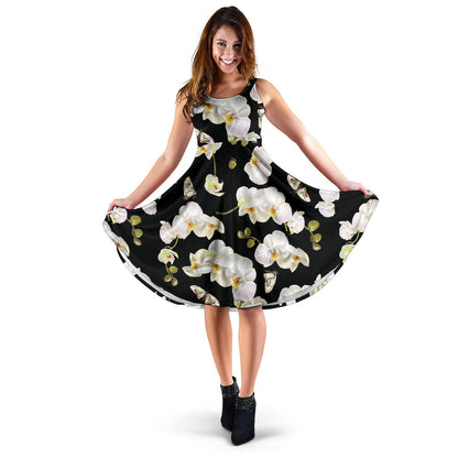 Orchid White Pattern Print Design OR011 Midi Dress