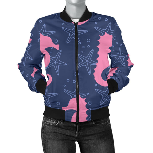 SeaHorse Pink Pattern Print Design 02 Women's Bomber Jacket