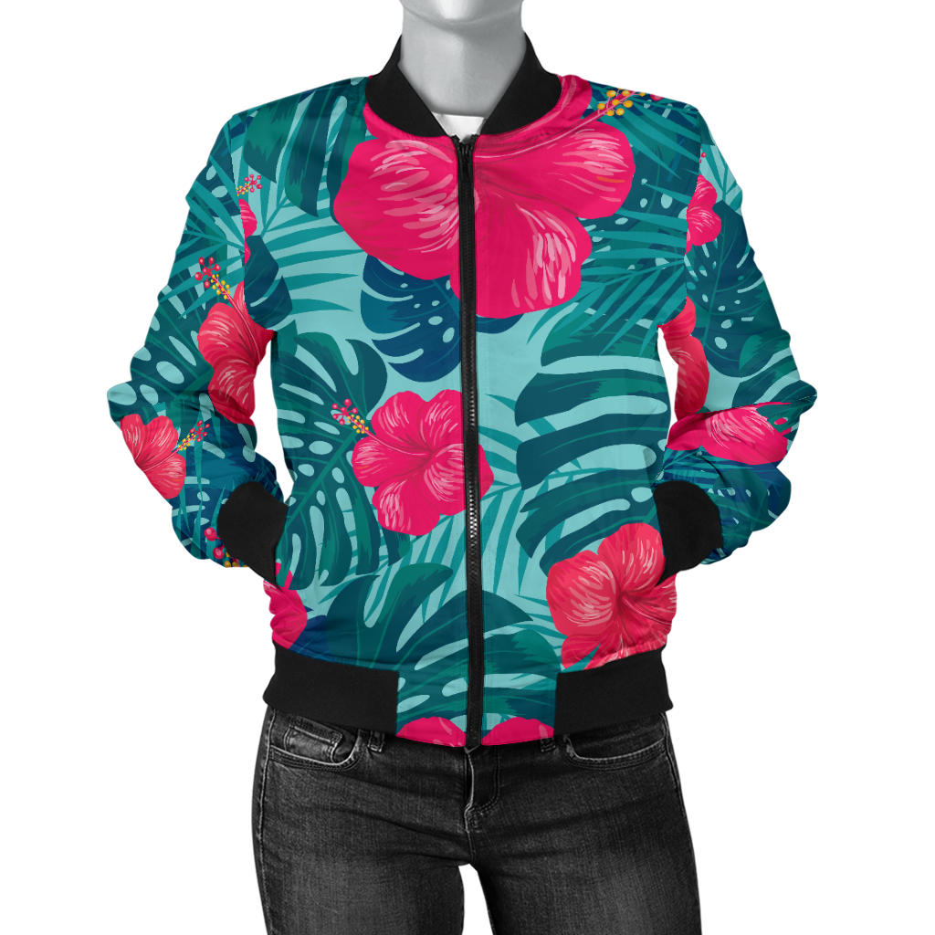 Red Hibiscus Pattern Print Design HB017 Women Bomber Jacket