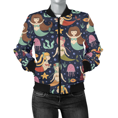 Mermaid Cartoon Pattern Print Design 03 Women's Bomber Jacket